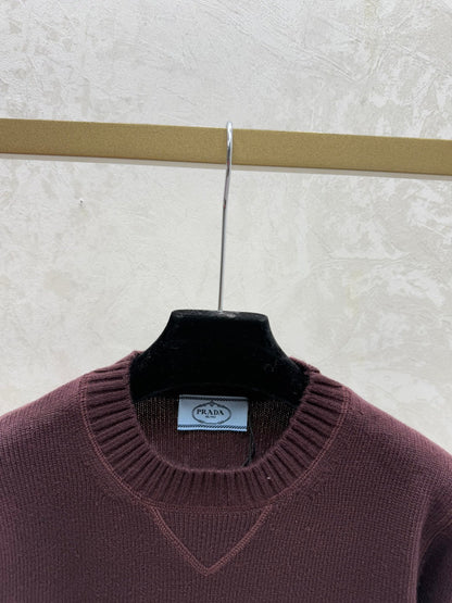 Prada 2025 Round Neck Long-sleeved Knit Sweater Burgundy Wool