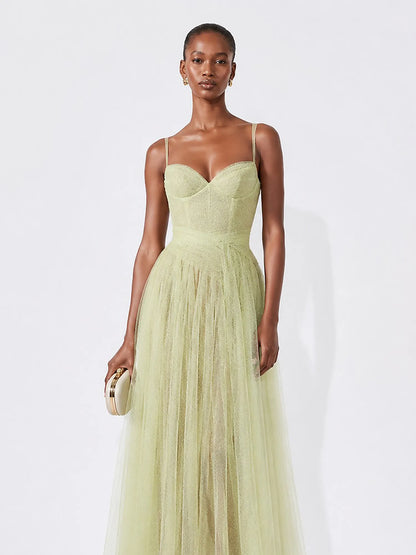Romina Elegant Tulle Spaghetti Strap Maxi Dress