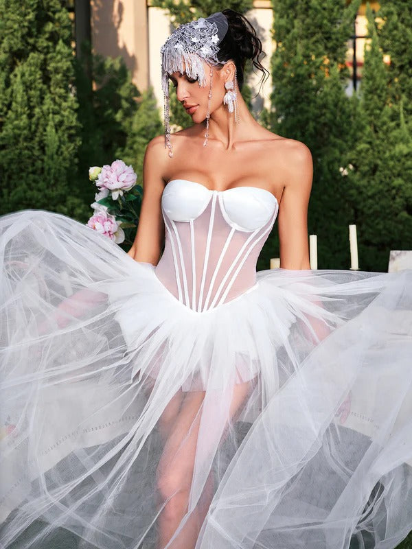 Eddard Strapless Corset Mesh Maxi Dress