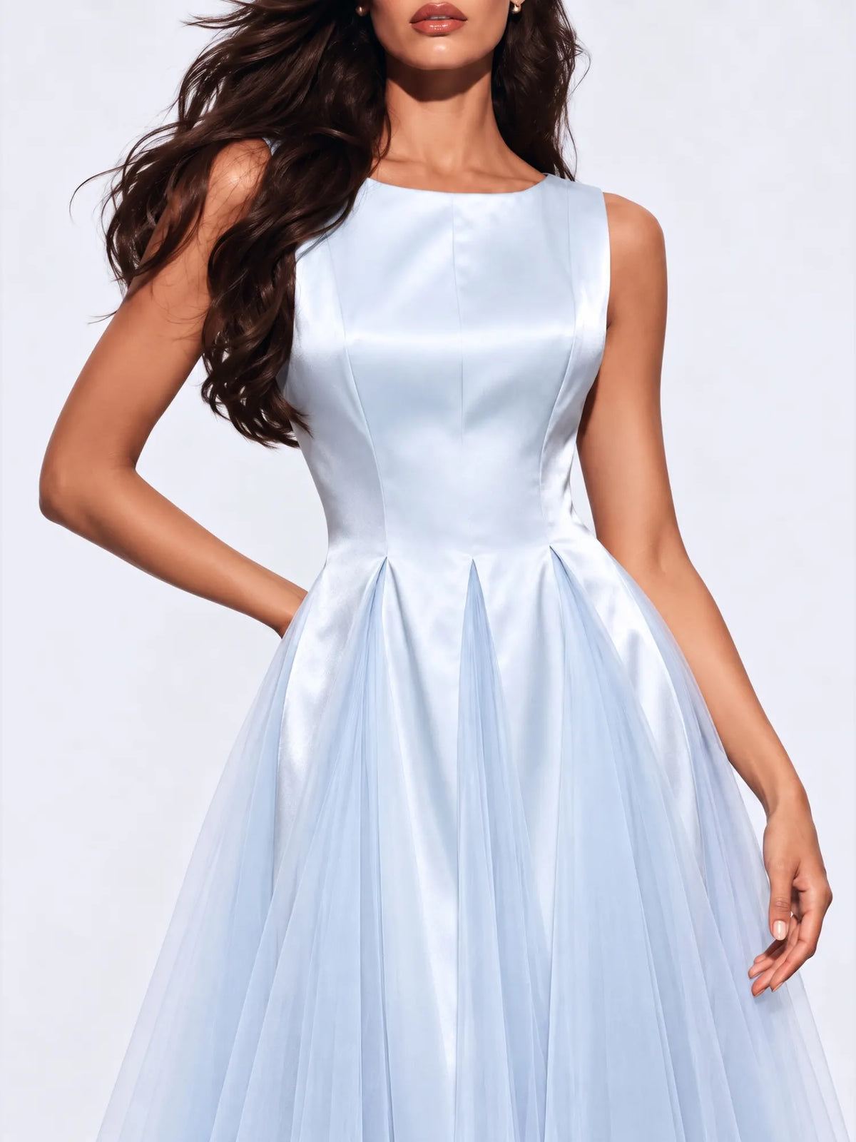 Elisa Satin and Mesh Panel Sleeveless Midi Dress