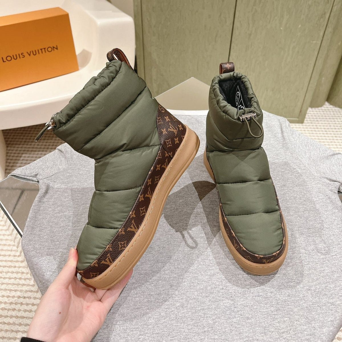 LV Cloud Ankle Boot Sneaker Olive Green Nylon Monogram Canvas