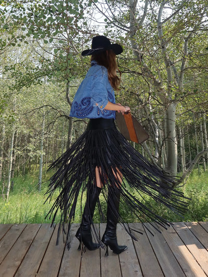 Roselyn Denim Jacket and Leather Fringe Skirt Set