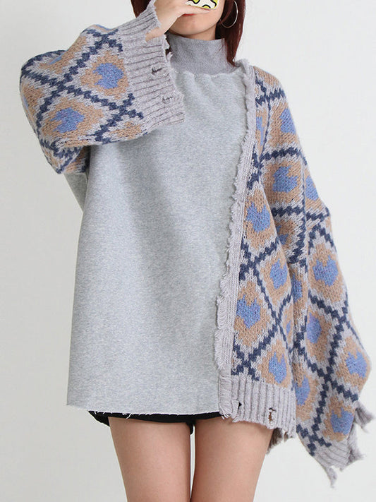 Batwing Sleeves Color-Block Plaid Split-Joint High-Neck Sweater
