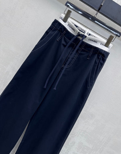 CC Drawstring Webbing Trousers Dark Navy Cotton Tencel 350184