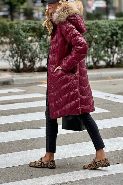 Burgundy Natural Fur Padded Coat