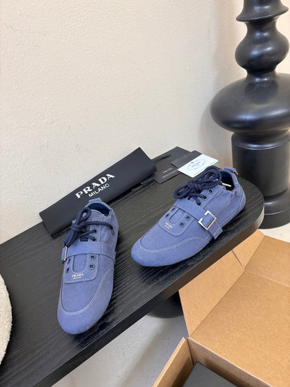 Prada Classic Retro German Trainer Blue Sneakers in Sheepskin Fabric 580383