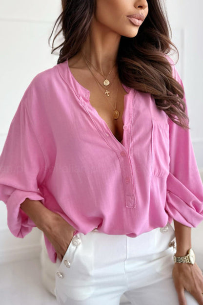V Neck Button Roll Sleeve Patch Pocket Loose Straight Long Sleeve Shirt
