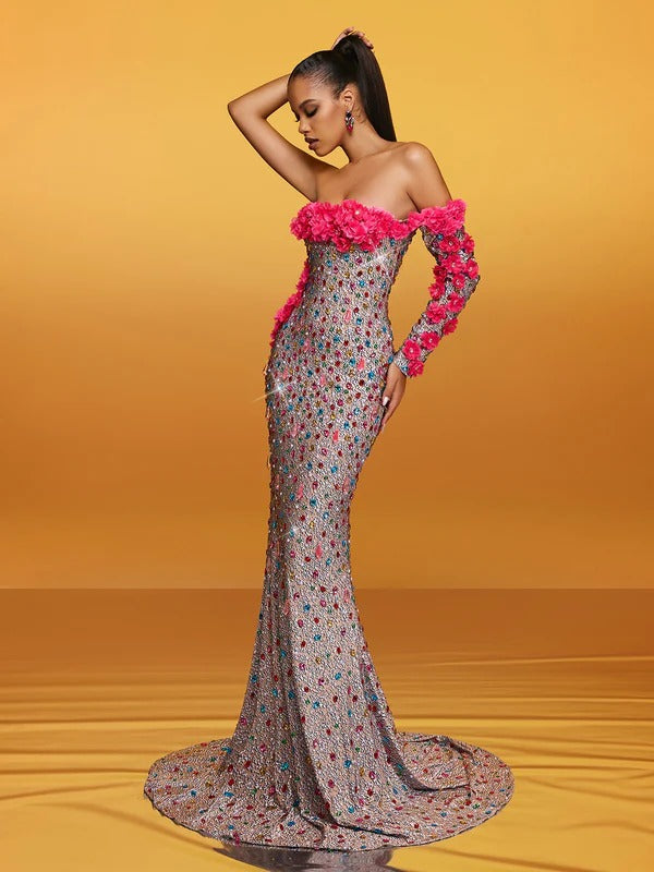 Alythia Off Shoulder Flower Crystal Maxi Dress