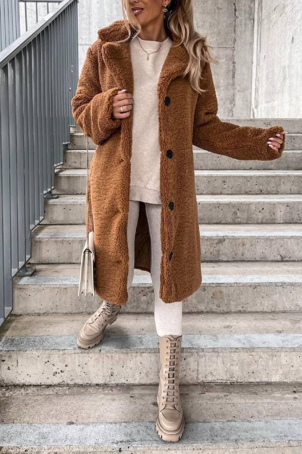 Teddy fleece lapel mid-length coat
