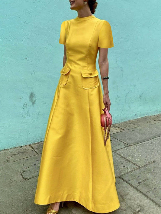 Short Sleeves Pockets Solid Color Split-Joint Round-neck Maxi Dresses