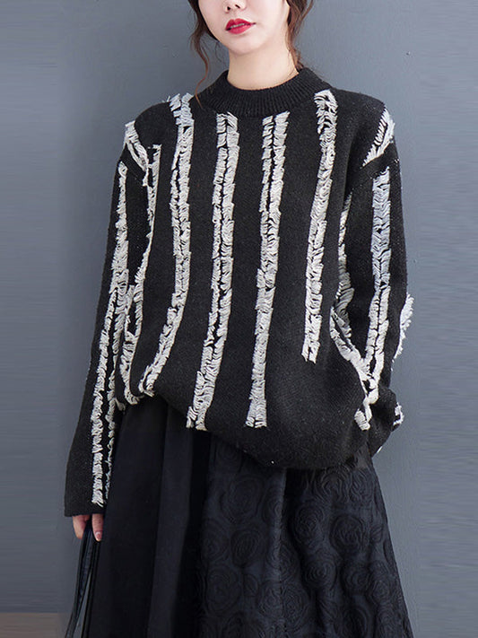 Casual Long Sleeves Loose Tasseled Round-Neck Sweater Tops