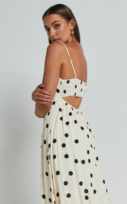 Miriam Midi Linen Dress - Strappy Straight Neck A Line Dress in Beige & Black Spot
