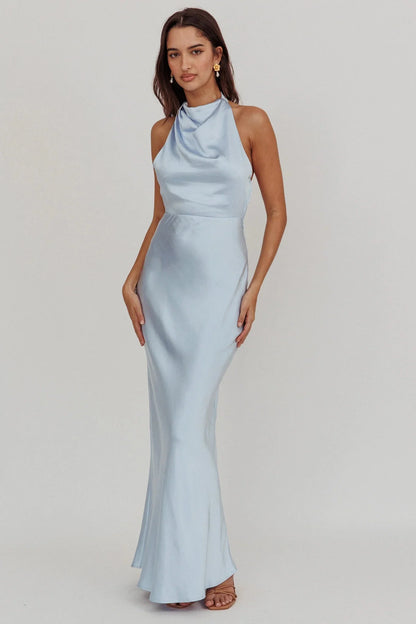 Gelato Pearl Strap Halter Maxi Dress Blue