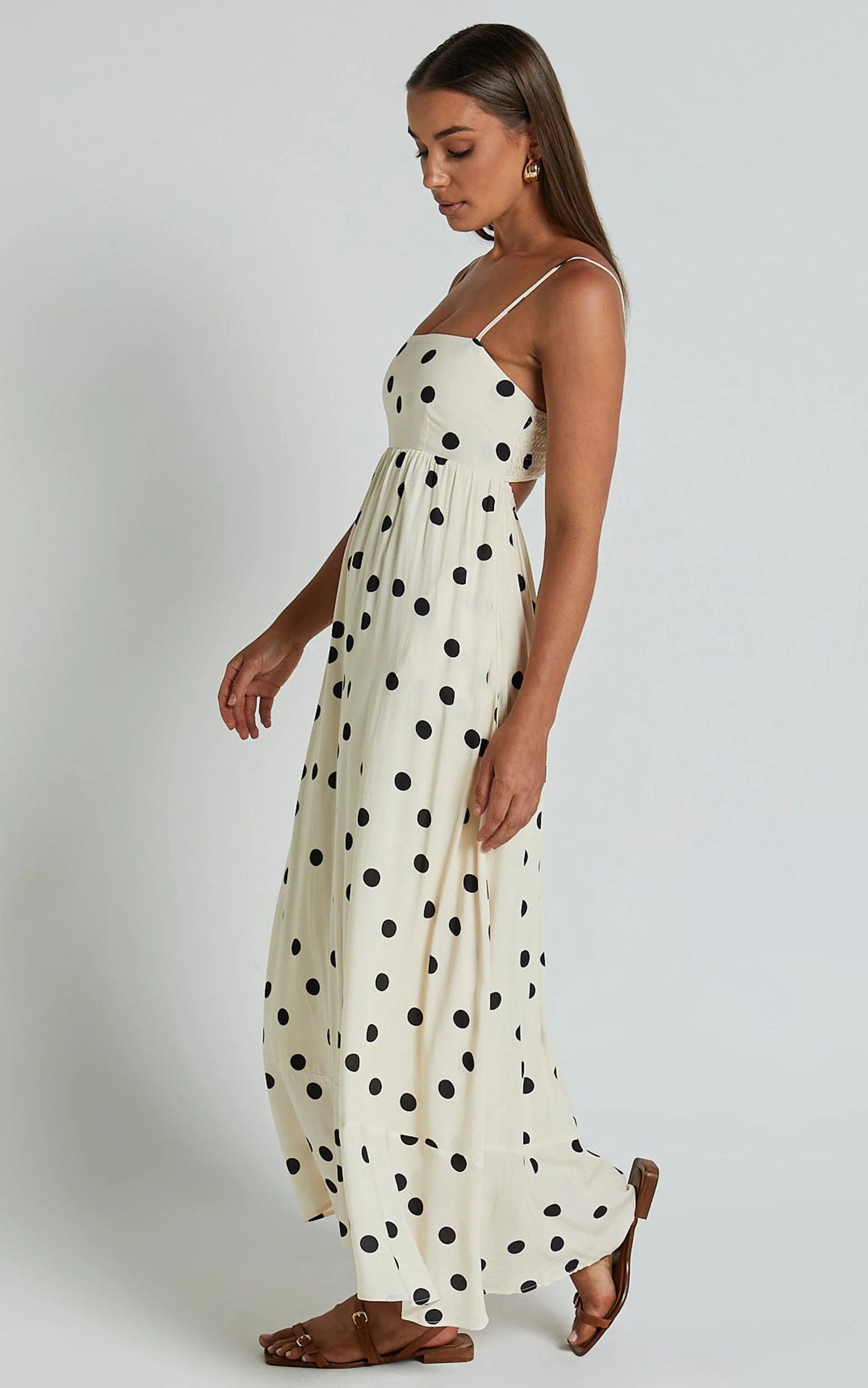 Miriam Midi Linen Dress - Strappy Straight Neck A Line Dress in Beige & Black Spot