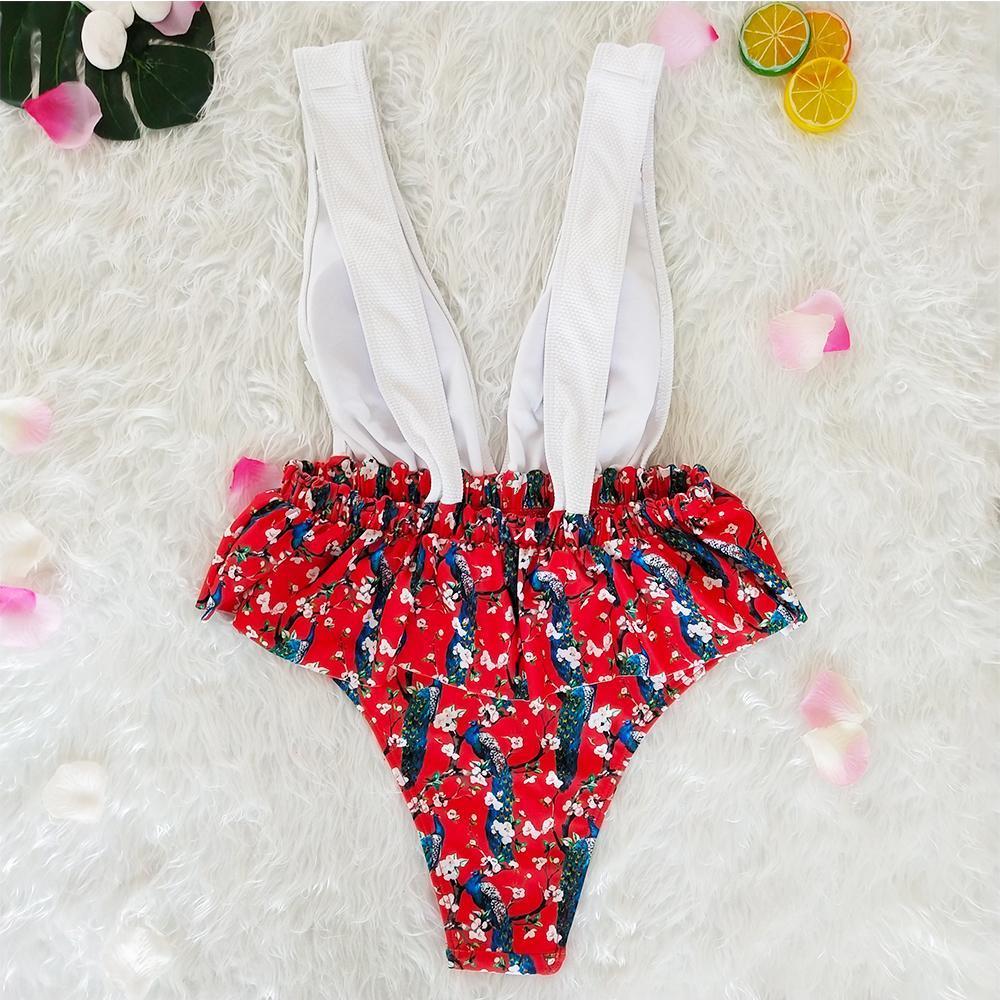 Ruffled Print V-Neck Bow Ins Style One Piece Swimsuit
