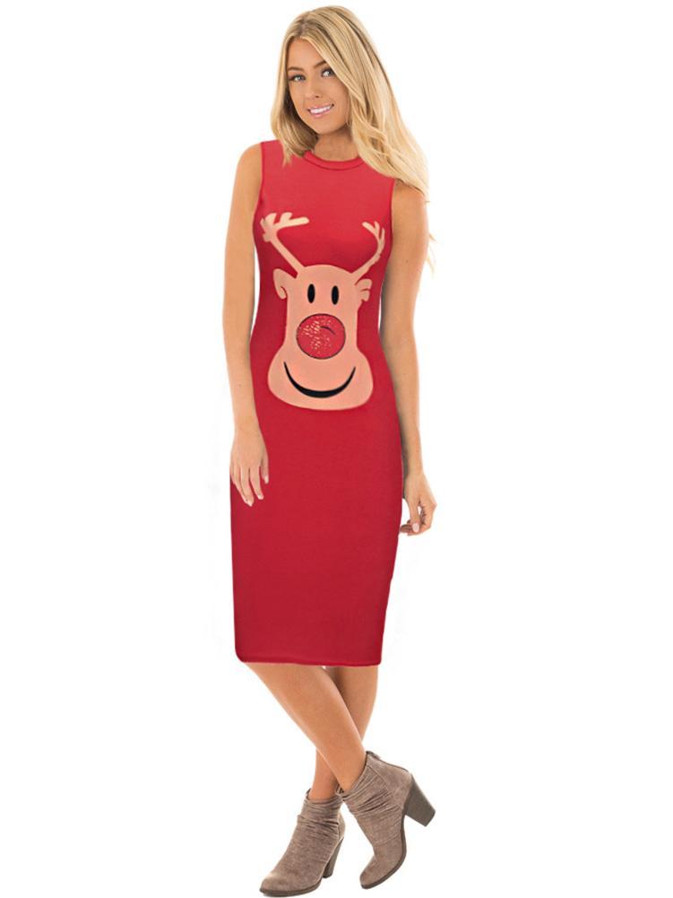 Stylish Women Xmas Dress Bodycon Round Neck Sleeveless Ladies Casual Party Dress