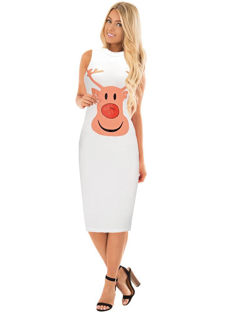 Stylish Women Xmas Dress Bodycon Round Neck Sleeveless Ladies Casual Party Dress