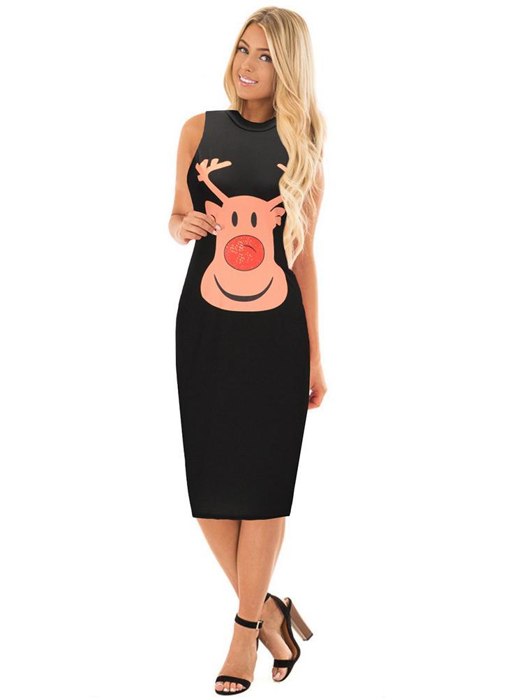 Stylish Women Xmas Dress Bodycon Round Neck Sleeveless Ladies Casual Party Dress