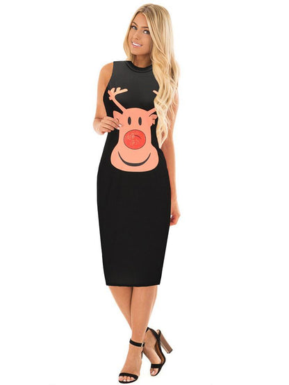 Stylish Women Xmas Dress Bodycon Round Neck Sleeveless Ladies Casual Party Dress