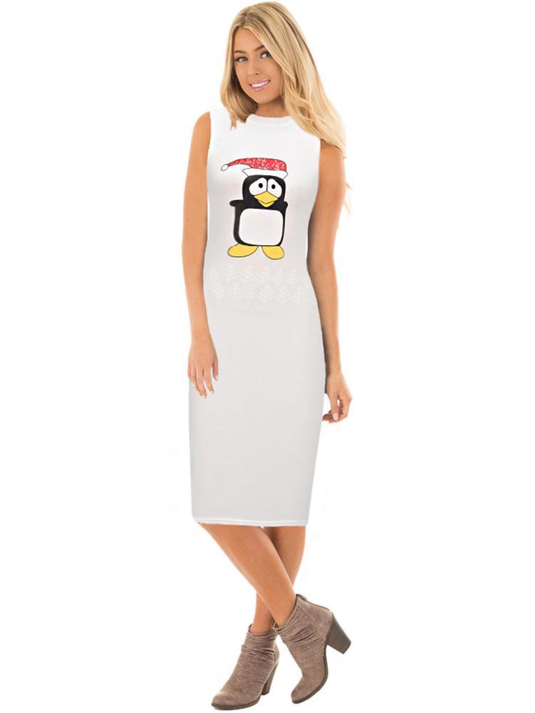 Stylish Women Xmas Dress Bodycon Round Neck Sleeveless Ladies Casual Party Dress