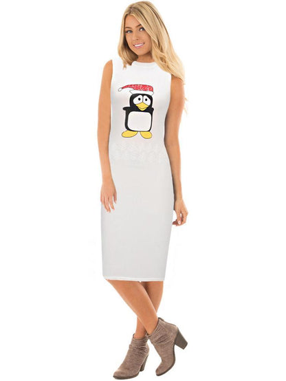 Stylish Women Xmas Dress Bodycon Round Neck Sleeveless Ladies Casual Party Dress