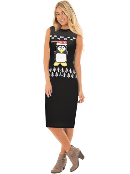 Stylish Women Xmas Dress Bodycon Round Neck Sleeveless Ladies Casual Party Dress