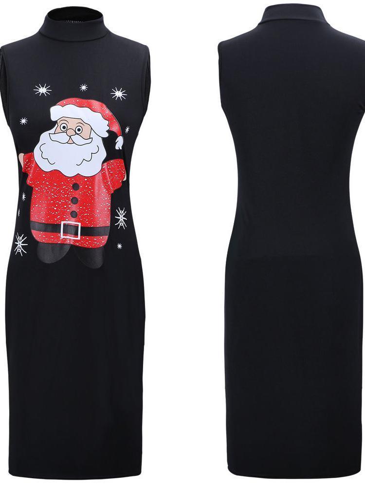 Stylish Women Xmas Dress Bodycon Round Neck Sleeveless Ladies Casual Party Dress