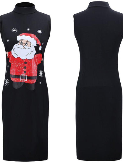 Stylish Women Xmas Dress Bodycon Round Neck Sleeveless Ladies Casual Party Dress