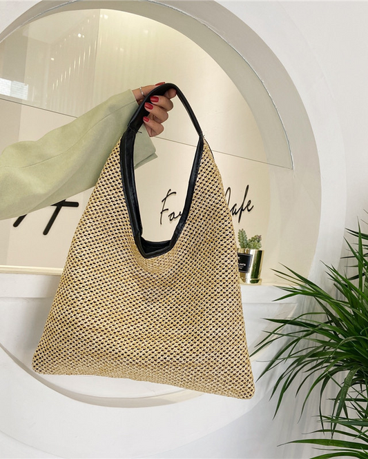 Woven Straw Beach Bag With Black Leather Trim