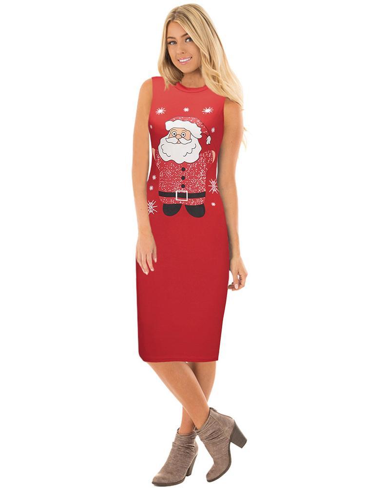 Stylish Women Xmas Dress Bodycon Round Neck Sleeveless Ladies Casual Party Dress