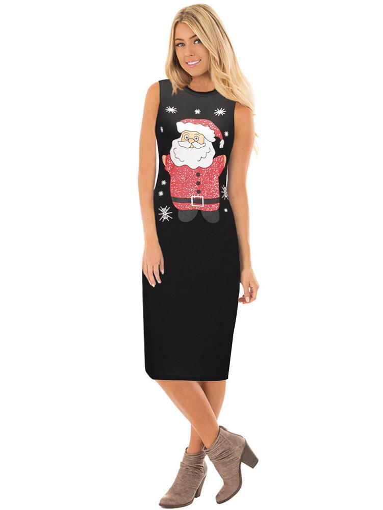 Stylish Women Xmas Dress Bodycon Round Neck Sleeveless Ladies Casual Party Dress