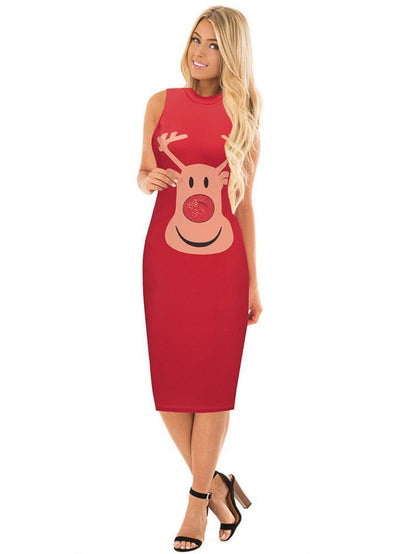 Stylish Women Xmas Dress Bodycon Round Neck Sleeveless Ladies Casual Party Dress