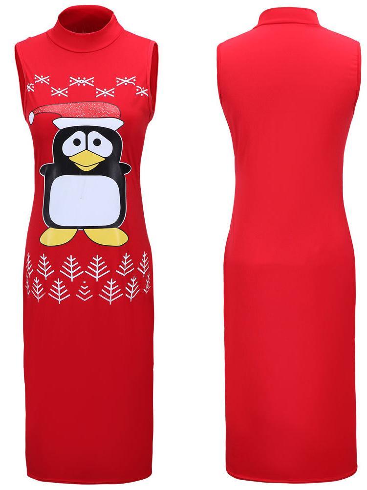 Stylish Women Xmas Dress Bodycon Round Neck Sleeveless Ladies Casual Party Dress