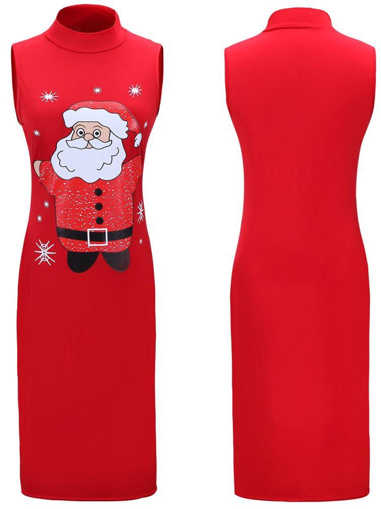 Stylish Women Xmas Dress Bodycon Round Neck Sleeveless Ladies Casual Party Dress