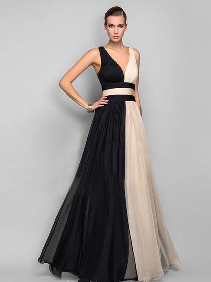 Two-Color Sleeveless V-Neck Maxi Evening Dress