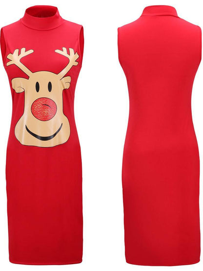 Stylish Women Xmas Dress Bodycon Round Neck Sleeveless Ladies Casual Party Dress