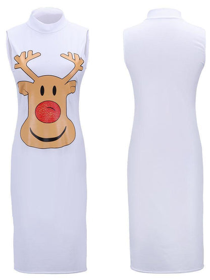 Stylish Women Xmas Dress Bodycon Round Neck Sleeveless Ladies Casual Party Dress