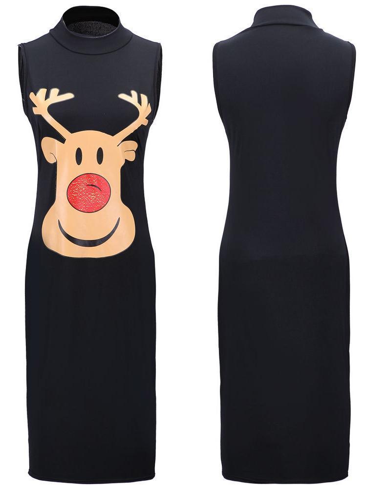 Stylish Women Xmas Dress Bodycon Round Neck Sleeveless Ladies Casual Party Dress