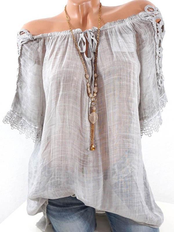 Solid Color Off Shoulder Ruffle Short Sleeve Blouse Tops
