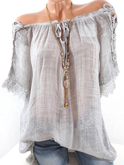 Solid Color Off Shoulder Ruffle Short Sleeve Blouse Tops
