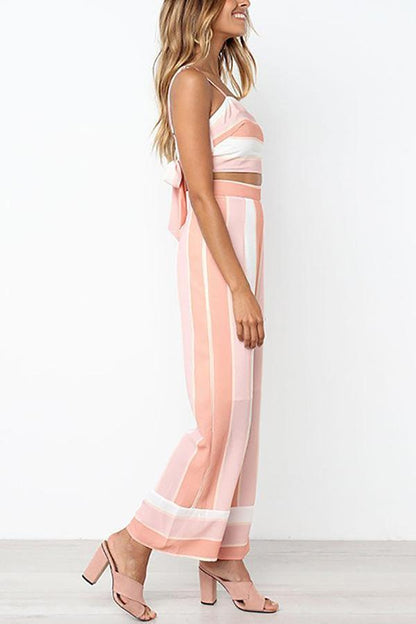 Pink Stripe Tops Wide Leg Pants Sets