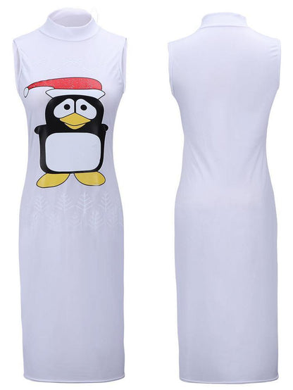 Stylish Women Xmas Dress Bodycon Round Neck Sleeveless Ladies Casual Party Dress