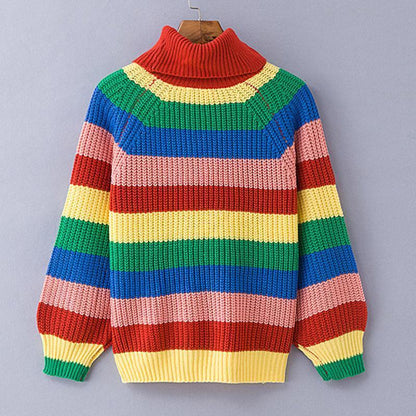 Rainbow Turtleneck Winter Jumpers Knitted Striped Oversize Pullover Sweater