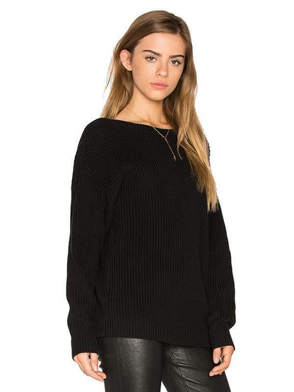 Knitting Backless Round-Neck Long Sleeves Sweater Tops