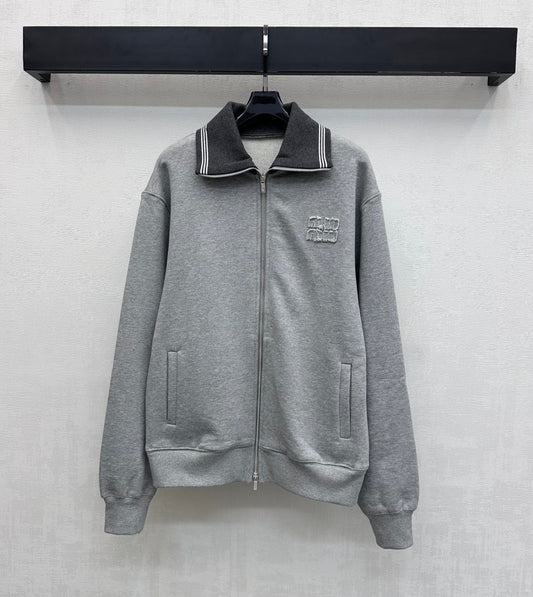Miu Miu Fleece Jacket Zippered Grey Cotton 341877