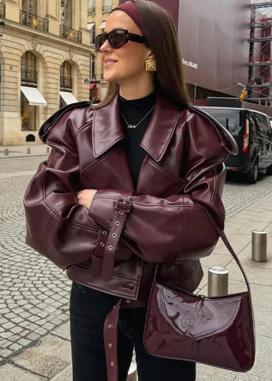 Faux Leather Jacket Burgundy Oversized Lapel