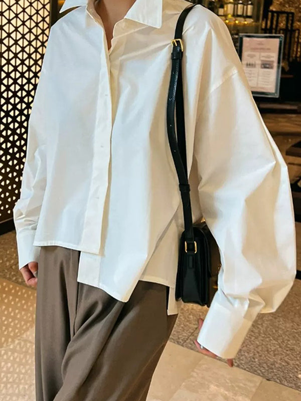 High-Low Long Sleeves Asymmetric Buttoned Solid Color Split-Side Lapel Blouses&Shirts Tops