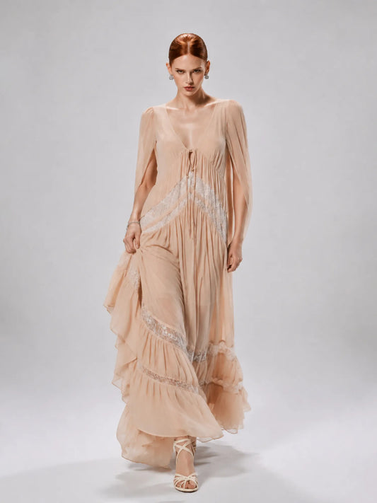 Elara Sheer Mesh and Lace Panel Maxi Dress