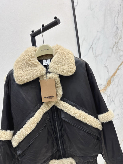 Burberry 25 Shearling-trimmed Bomber Jacket Black Cream Fur Leather
