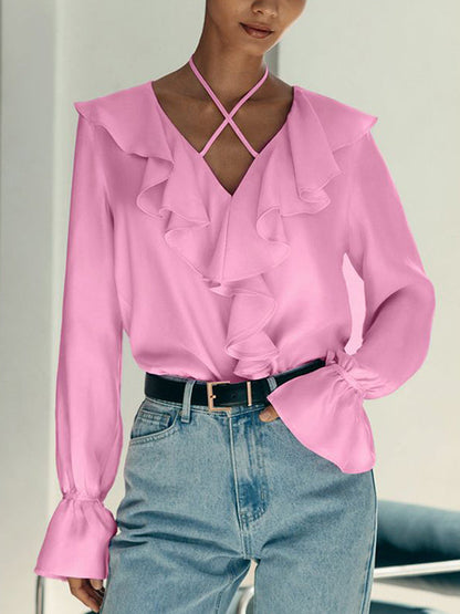 Long Sleeves Loose Falbala Lace-Up Solid Color Split-Joint V-Neck Blouses